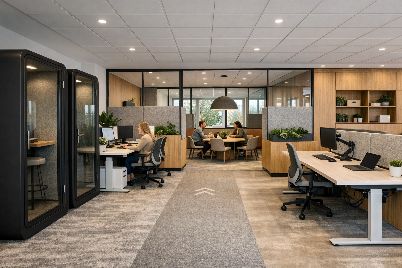 Moderne kantoorindeling met focus op concentratie en samenwerking