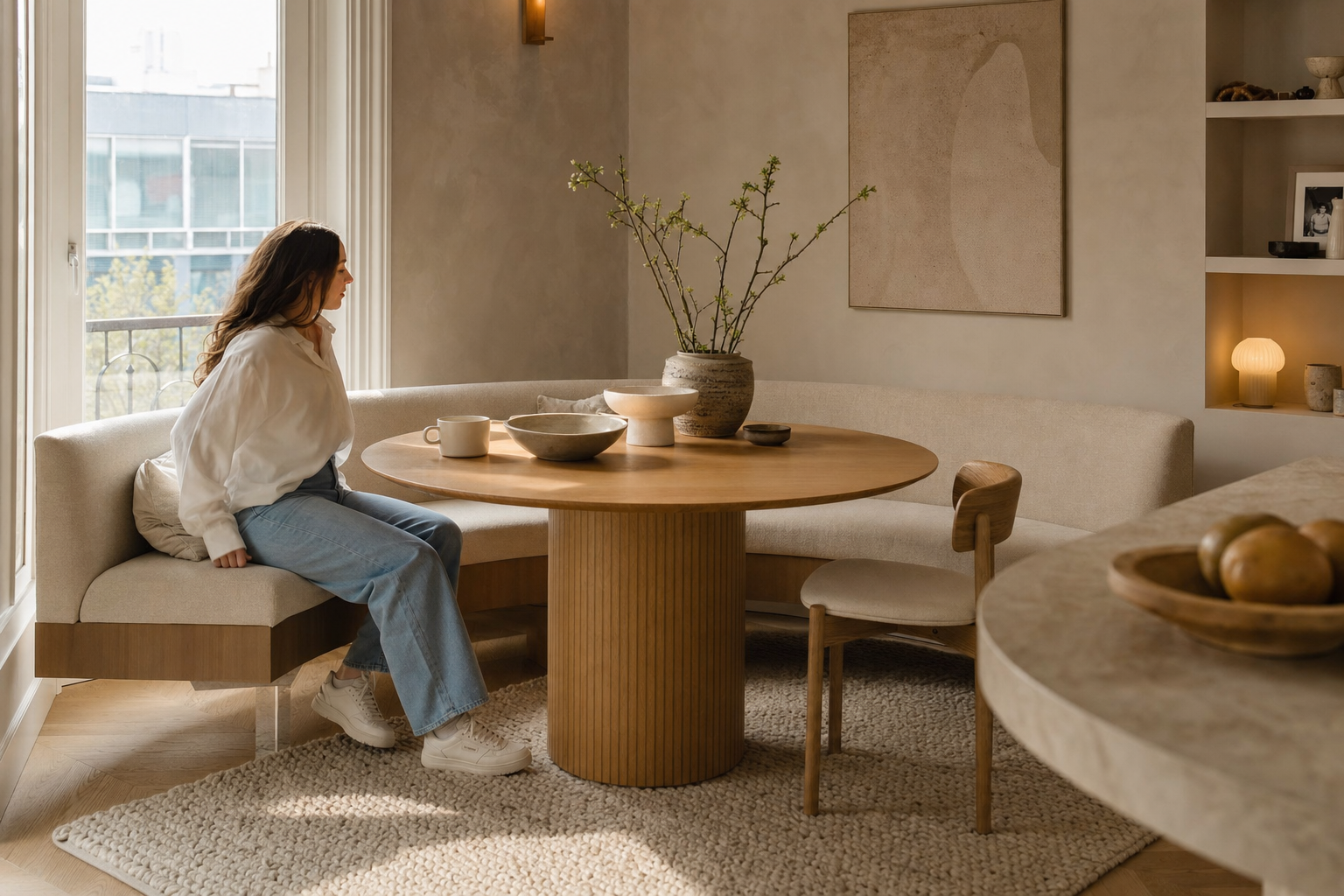 Halfronde eetkamerbank bij ronde eettafel