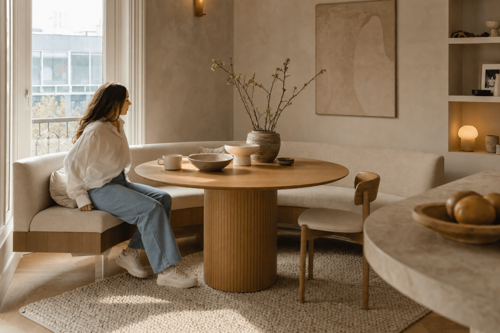 Is een halfronde eetkamerbank praktisch bij een ronde eettafel, en waar moet je op letten voor comfort en instapruimte?